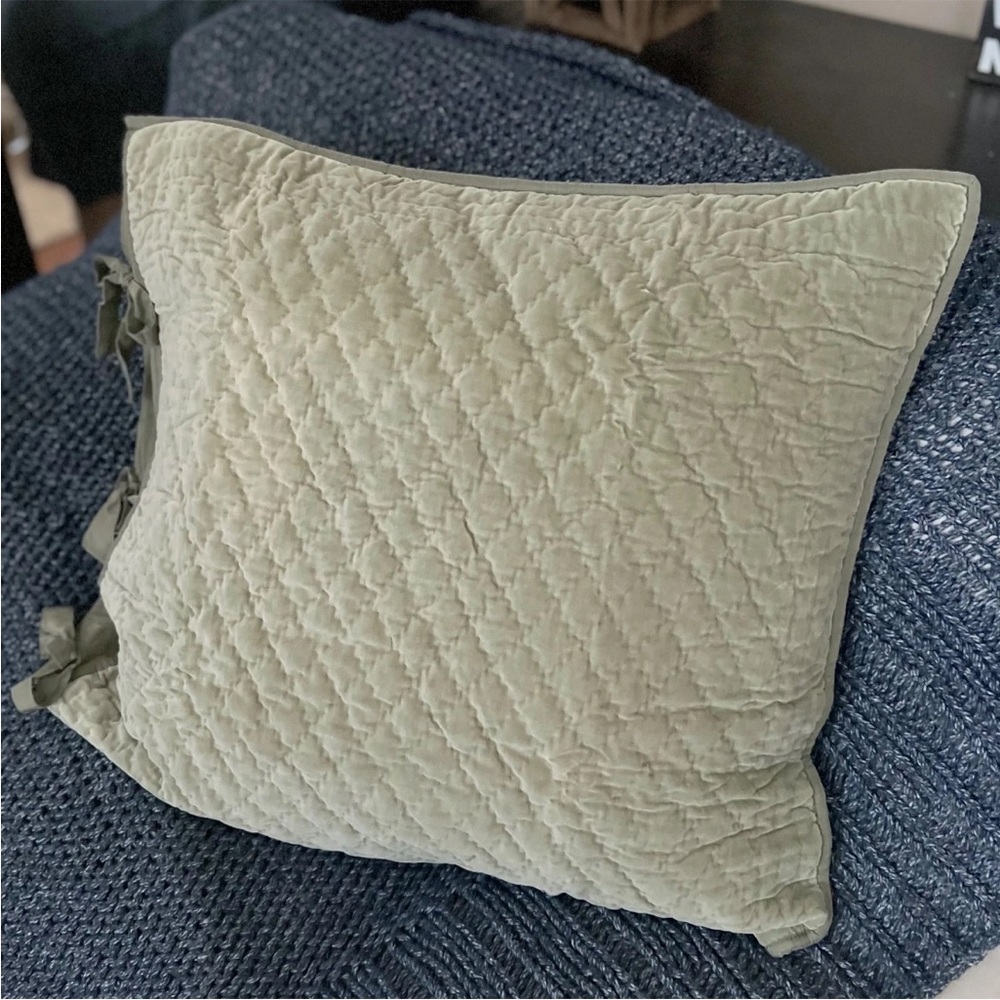 1 Pottery Barn Velvet & Silk Diamond Quilted Sage Green EURO Pillow Sham RARE!